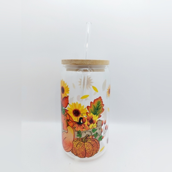 Fall Harvest Pumpkin and Sunflower 16oz Glass with Lid and Glass Straw - Picture 2 of 9